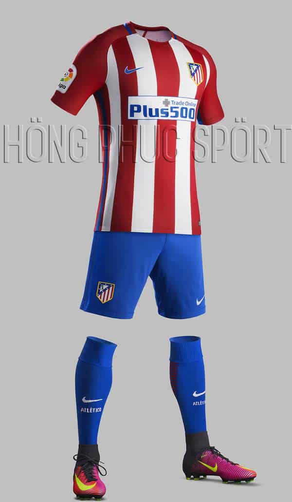 Bộ quần áo Atletico Madrid 2016 2017 sân nhà mầu đỏ sọc trắng