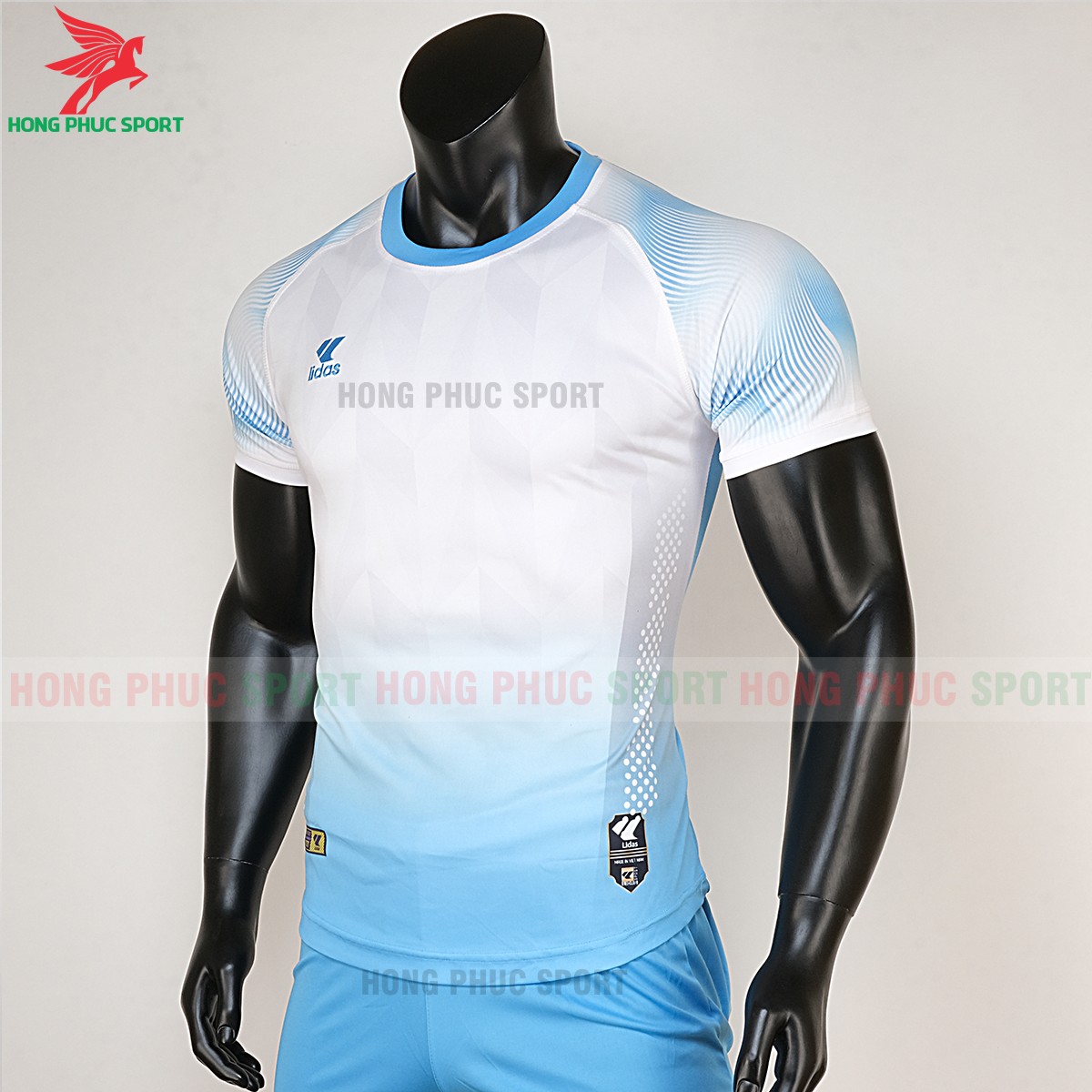 áo bóng đá không logo Mizuno trắng xanh biển 3