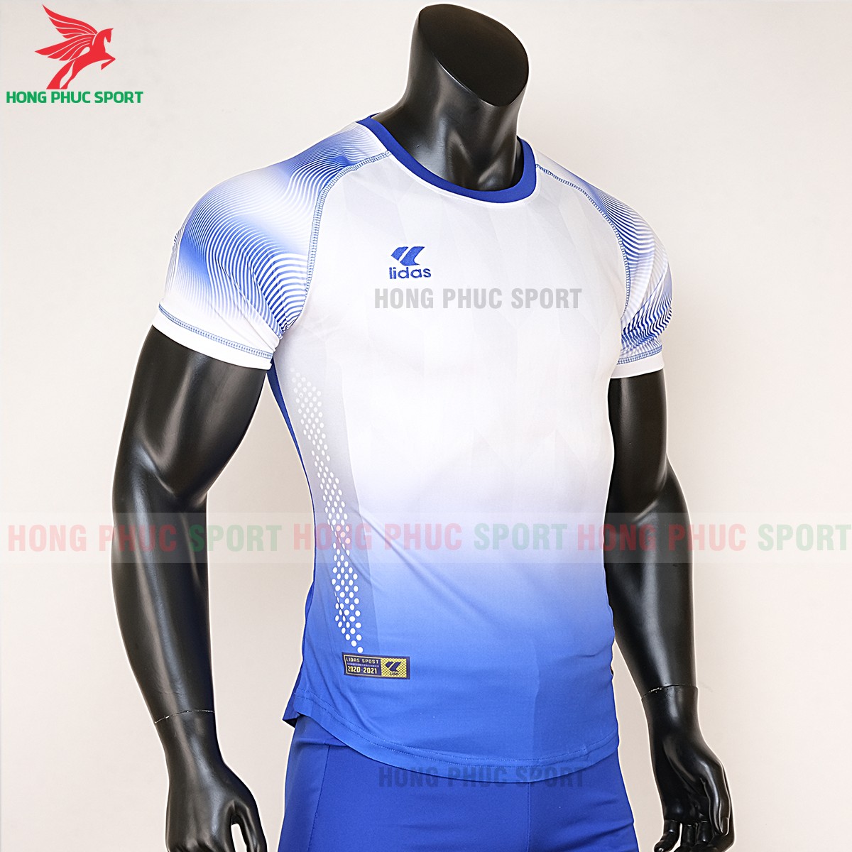 áo bóng đá không logo Mizuno trắng xanh dương 4