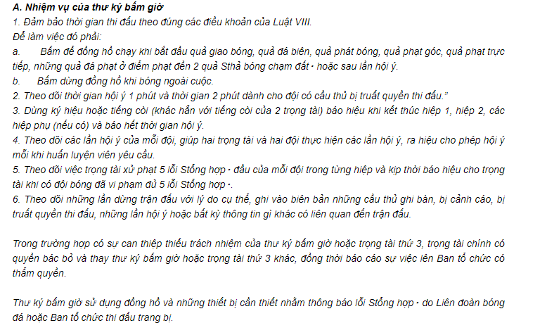 18 luật bóng đá 5 người - FIFA - thư ký bấm giờ