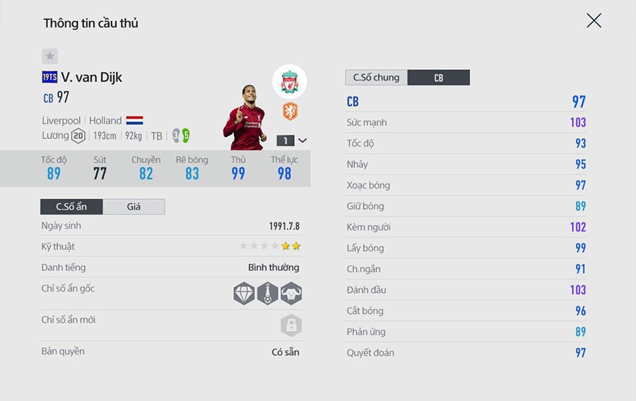 Chỉ số Van Dijk trong FIFA Online Chỉ số Van Dijk trong FIFA Online